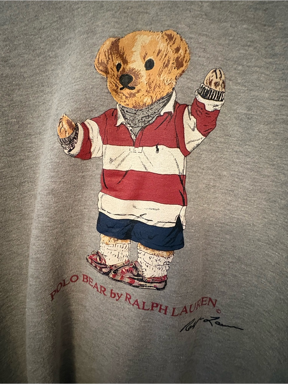 Vintage 90s Polo Ralph Lauren Rugby Polo Bear Heather Grey Hoodie — Size M - Picture 2 of 10